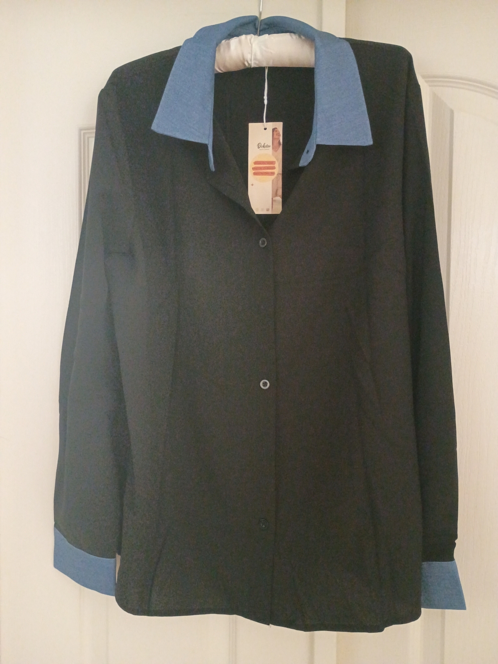 Dokotoo Button Down Color Block Blouse | Black & Denim Blue | Size L | NWT